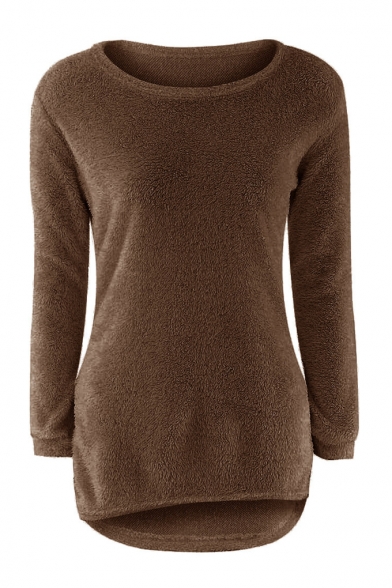 New Stylish Winter's Simple Plain Round Neck Long Sleeve Dipped Hem Sweater