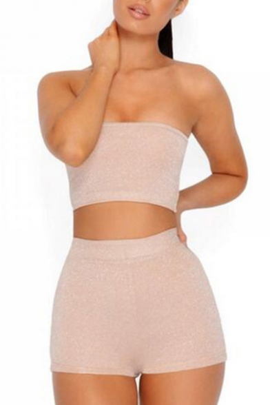 New Trendy Hot Popular Sexy Plain Cropped Bandeau Top with Skinny Shorts
