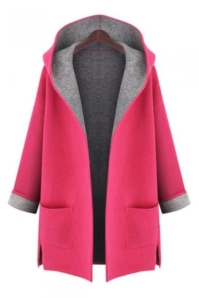 Oversize Casual Hooded Long Sleeve Fashion Color Block Coat with Double Pockets