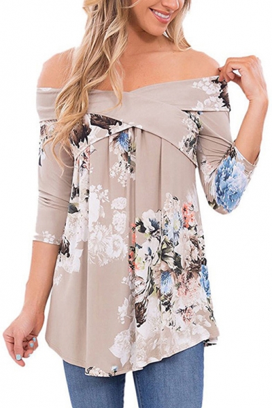 Sexy Off The Shoulder Floral Pattern 3/4 Sleeve Casual T-Shirt