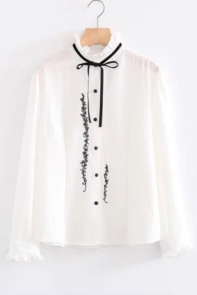 Tied High Neck Single Breasted Long Sleeve Embroidery Pattern Shirt