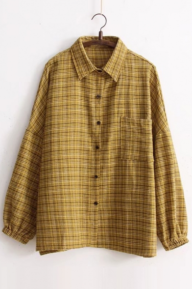 Vintage Dropped Long Sleeve Lapel Plaid Single Breasted Tunic Shirt with One Pocket