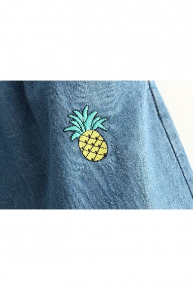 Women's Embroidery Pineapple Pattern Elastic Cuffs Jeans