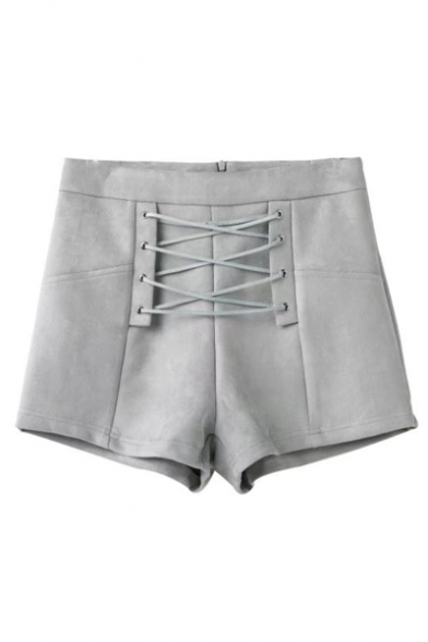 Women's Lace-Up Front High Waist Zip Back Plain Shorts