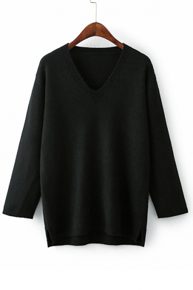 Basic Plain V Neck Long Sleeve High Low Hem Leisure Sweater