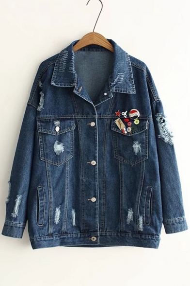 Boyfriend Style Ripped Button Appliqued Single Breasted Denim Jacket