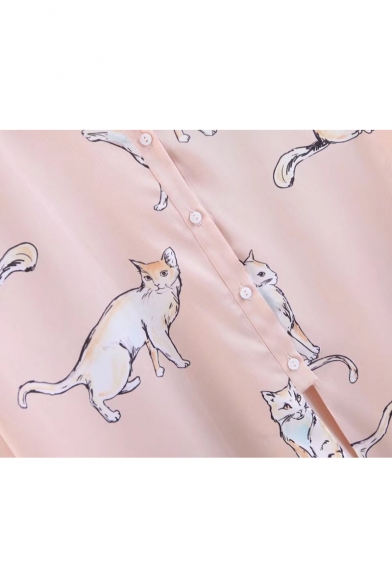 Casual Cute Cat Print Lapel Long Sleeve Single Breasted Shirt