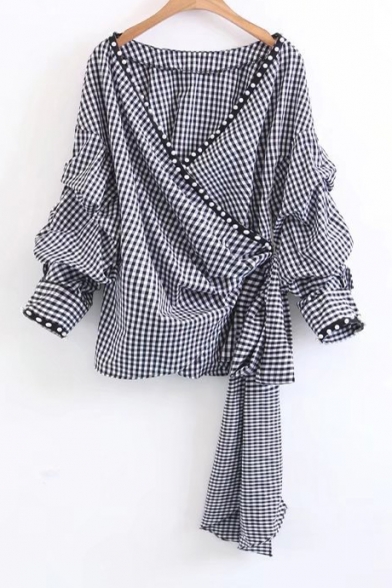 Chic Pearl Embellished Trim Wrap Plunge Neck Long Sleeve Plaids Printed Blouse