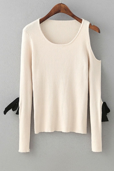 Cutout Bow Detail Long Sleeve Round Neck Plain Pullover Sweater