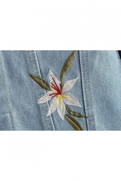 Fall Winter Collection Embroidery Floral Pattern Single Breasted Lapel Denim Jacket