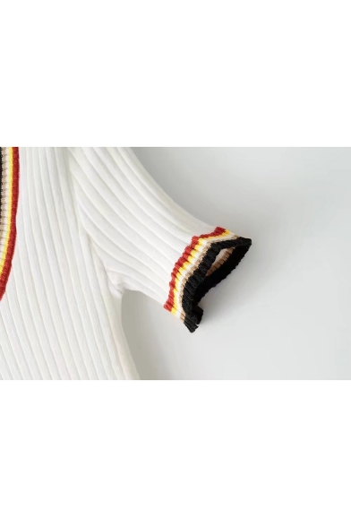 Fashion Color Block Striped Print Hem Scoop Neck Short Sleeve Knit Bodysuit