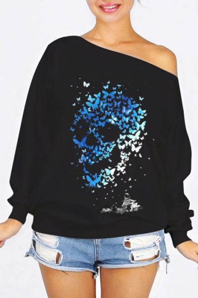 Fashion Contrast Butterfly Skull Printed Off the Shoulder Pullover Sweatshirt