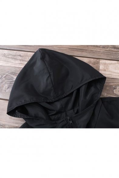 Fashion Elastic Waist Simple Plain Hooded Long Sleeve Zip Up Longline Coat