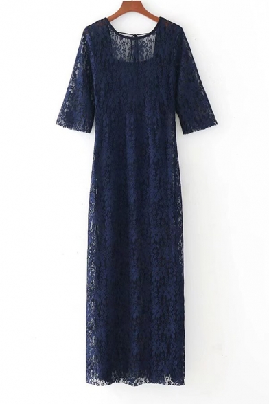 Graceful Half Sleeve Round Neck Plain Lace Maxi Dress