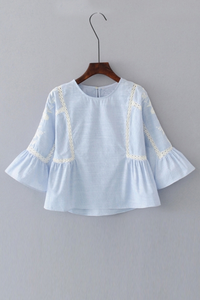 Hollow Out Embroidery Floral Pattern bell Long Sleeve Round Neck Blouse