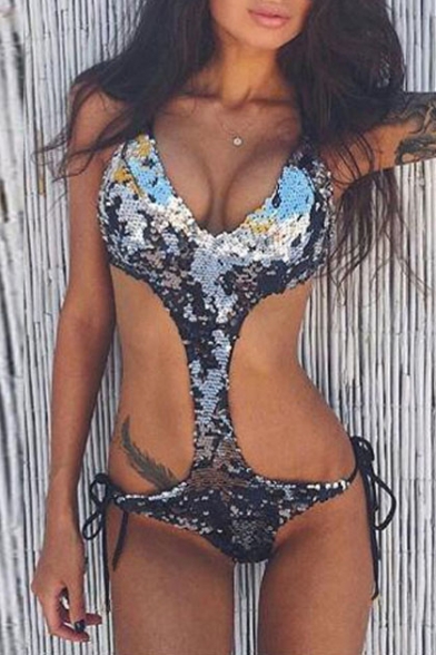 Hot Fashion Sexy Plunge Neck Sleeveless Sequined Cut Out One Piece Swimwear