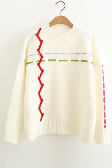 New Arrival Color Block Long Sleeve Round Neck Pullover Sweater