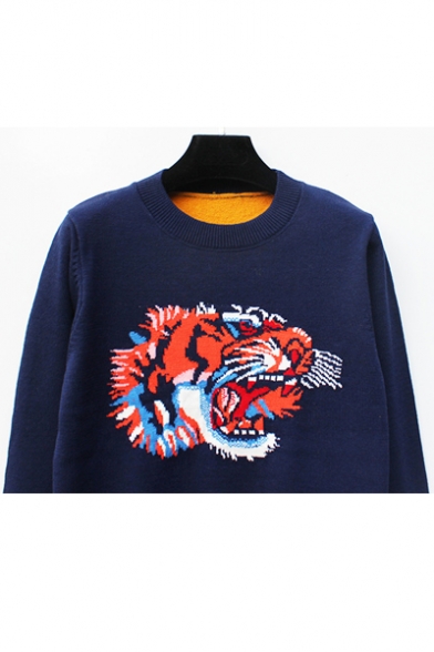 New Arrival Embroidery Tiger Pattern Long Sleeve Round Neck Pullover Sweater