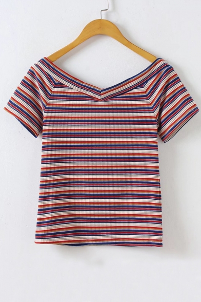 New Arrival Fashion Colorful Striped Print V Neck Short Sleeve Knit Sweater