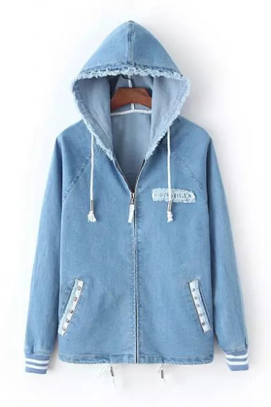 New Arrival Letter Embroidered Hooded Long Sleeve Zip Up Denim Coat