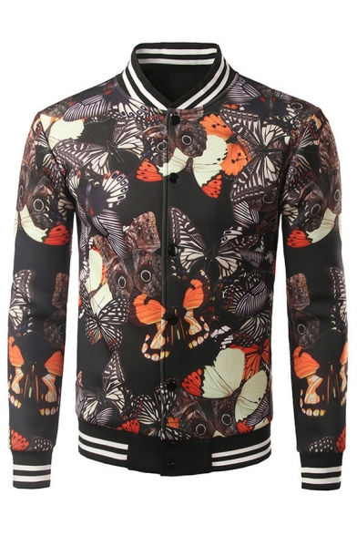 New Fashion 3D Butterfly Pattern Stand Up Collar Long Sleeve Buttons Down Baseball Jacket