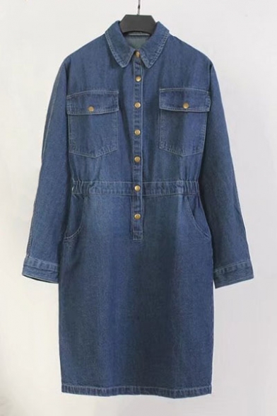 New Fashion Lapel Collar Long Sleeve Buttons Down Plain Midi Denim Dress with Double Pockets