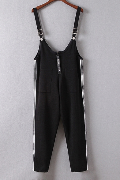 New Fashion Striped Sides Zip Front Sleeveless Knitted Overalls