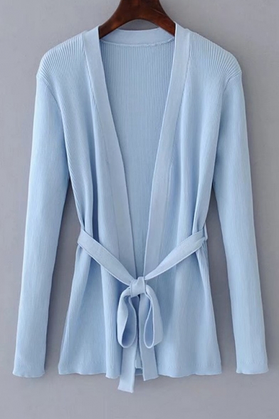 New Trendy Tied Waist Open Front Long Sleeve Basic Plain Cardigan