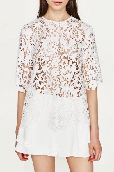 Sexy Hollow Out Half Sleeve Plain Lace Blouse