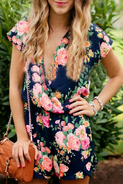 Summer's Fashion Floral Pattern Plunge Neck Short Sleeve Casual Rompers
