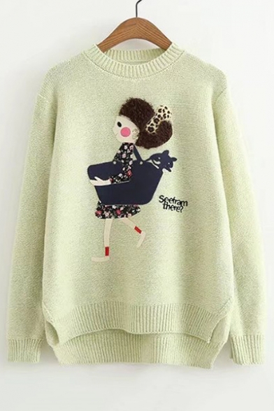 Sweet Cartoon Girl Embroidered Dipped Hem Round Neck Long Sleeve Sweater