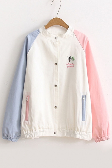 Chic Coconut Palm Letter Embroidered Long Sleeve Color Block Buttons Down Coat