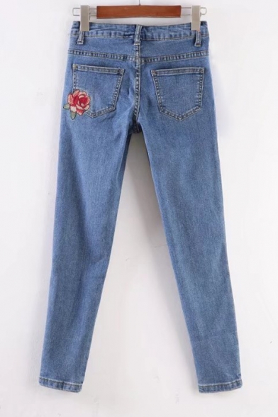 Chic Floral Embroidered Side High Waist Skinny Jeans