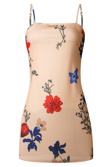 Chic Floral Printed Bow Tie Open Back Spaghetti Straps Mini Slip Dress