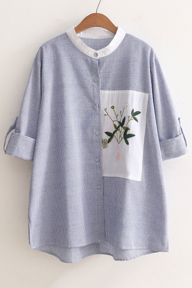 Chic Leaves Embroidery Patched Striped Pattern Long Sleeve Buttons Down Shirt