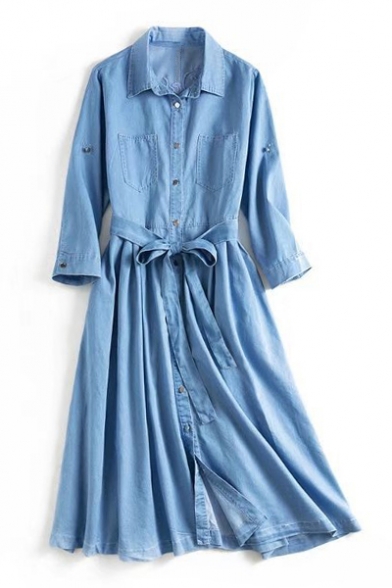 Chic Letter Floral Embroidered Back 3/4 Sleeve Lapel Collar Midi Denim Shirt Dress