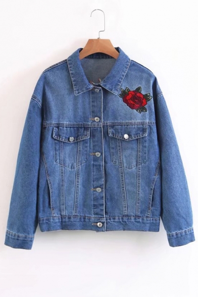 Chic Rose Embroidered Crane Pattern Back Long Sleeve Buttons Down Denim Jacket