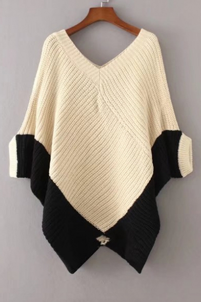 Color Block Asymmetric Hem Batwing 3/4 Length Sleeve V-Neck Cape Sweater