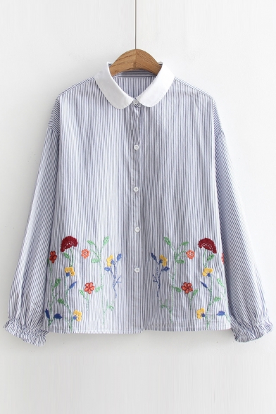 Contrast Lapel Single Breasted Embroidery Floral Striped Shirt