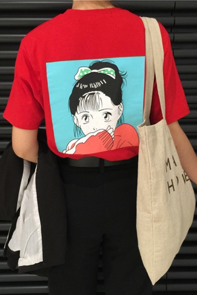 Cute Cartoon Girl Pattern Back Round Neck Short Sleeve Casual T-Shirt