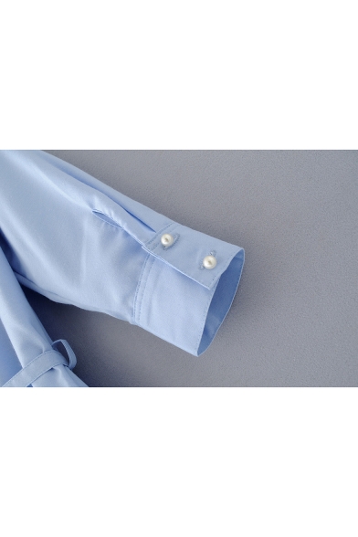 Fashion Beaded Buttons Down Lapel Collar Long Sleeve Midi Shirt Dress