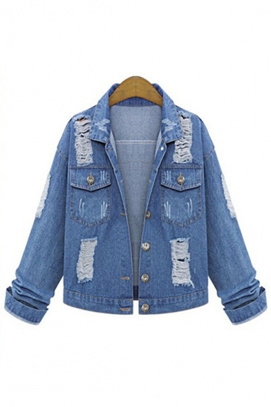 Fashion Character Printed Back Cut Out Lapel Collar Buttons Down Denim Jacket