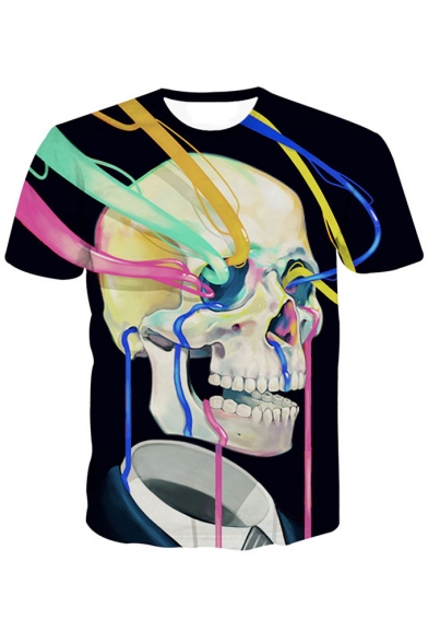 Fashion Digital Skull Pattern Short Sleeve Round Neck Pullover T-Shirt