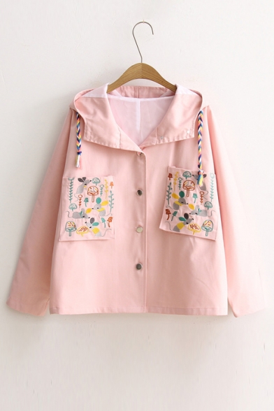 Fashion Embroidered Pockets Hooded Long Sleeve Buttons Down Coat