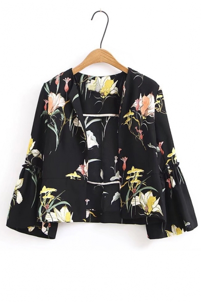 Fashion Floral Pattern Open Front Long Sleeve Cardigan Coat