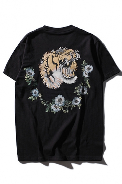 Funny Tiger Floral Pattern Casual Loose Round Neck Short Sleeve T-Shirt