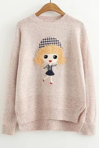 Lovely Cartoon Girl Embroidered Dipped Hem Long Sleeve Round Neck Sweater