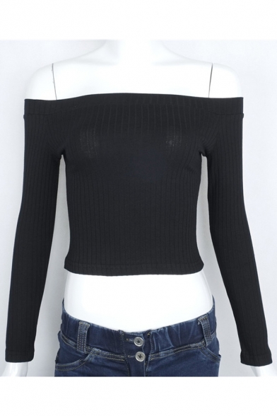 New Sexy Off The Shoulder Long Sleeve Basic Plain Slim Cropped T-Shirt