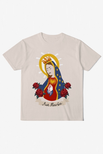 New Stylish Funny Ave Maria Pattern Round Neck Short Sleeve Pullover T-Shirt