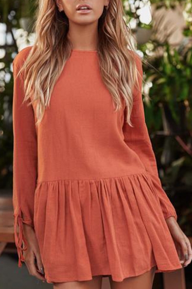 New Trendy Basic Plain Round Neck Long Sleeve Mini Linen T-shirt Dress